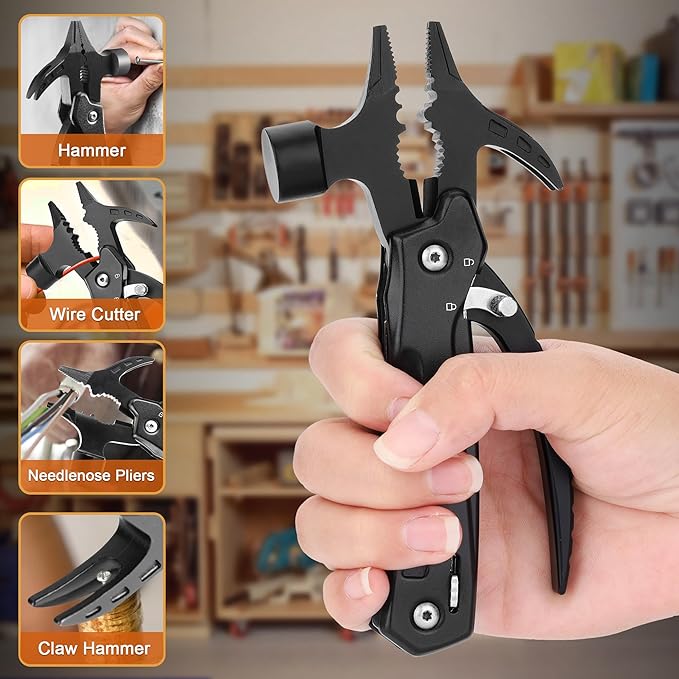 12-in-1 Multi-Tool Hammer Cool Gadgets Presents for Father Husband Grandpa Boyfriend Unique Gifts for Men & Women Multi tool Knife, Pliers, Safety Lock, Nylon Sheath Camping Essentials Mens Gift