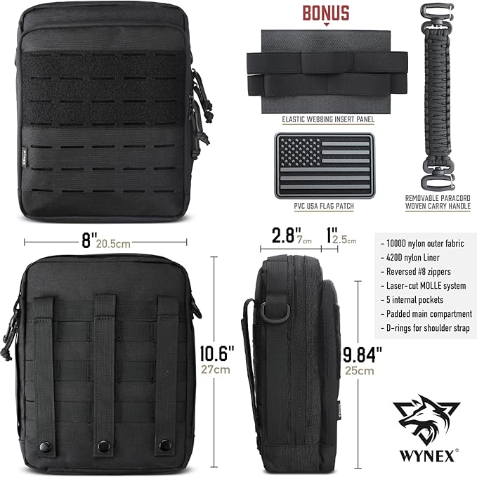 WYNEX Tactical Molle Admin Pouch, Utility EDC Pouch Organizer Modular Tool Pouch of Double Layer Design Medical EMT Attachment Bag Large Capacity with Elastic Webbing Insert Panel