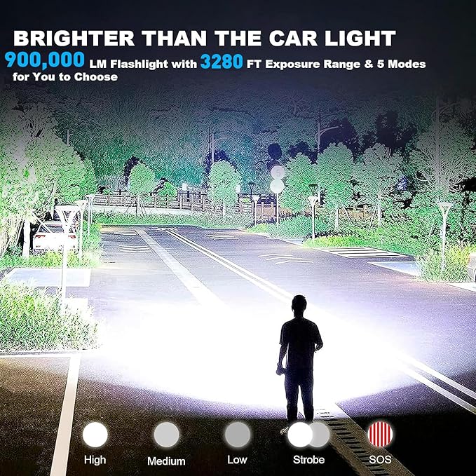 Flashlights High Lumens Rechargeable, 990,000 Lumens High Powerful Flash Lights, Super Bright Tactical Handheld Led Flashlight with 5 Modes, Waterproof for Camping,Emergencies