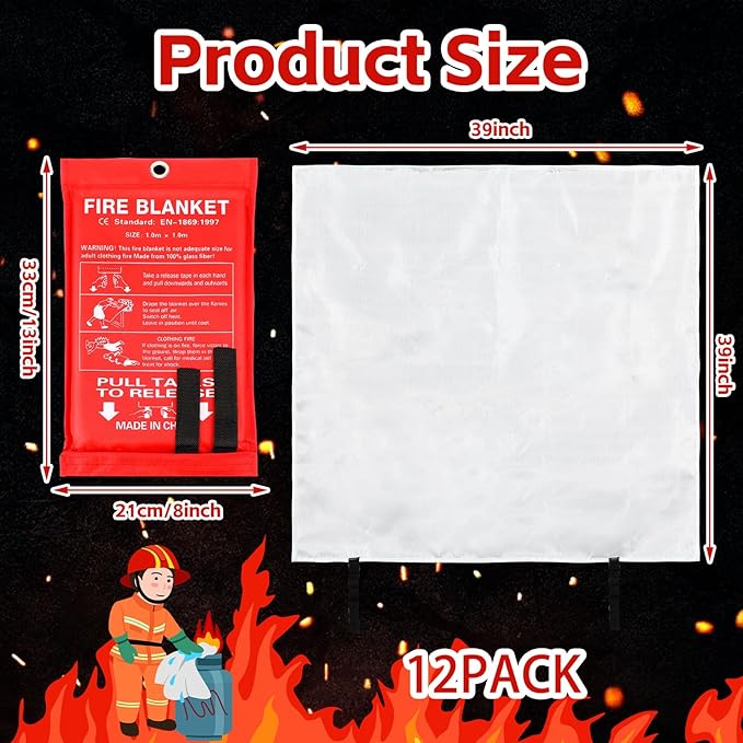 Macarrie 12 Pack 39” x 39” Fire Blanket Emergency Fire Blanket for Home and Kitchen Suppression Blanket Safety Fiberglass Fireproof Blanket Survival for Fireplace Car Office Camping (Red)