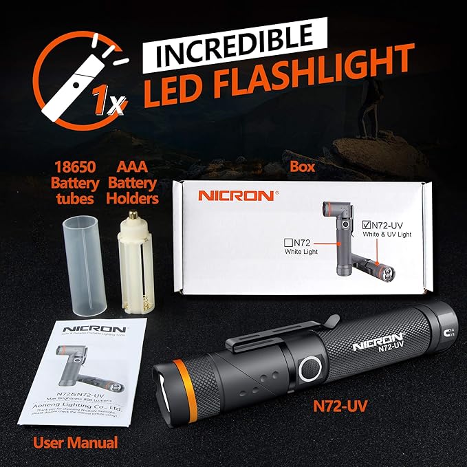 NICRON UV Flashlight, N72-UV 800LM White Light, Freely Switch Between White Light and UV Light Detector for Dog Urine, Wet Stains Bed Bugs,Camping, Outdoor,Maintain (18650/AAA Not Included)