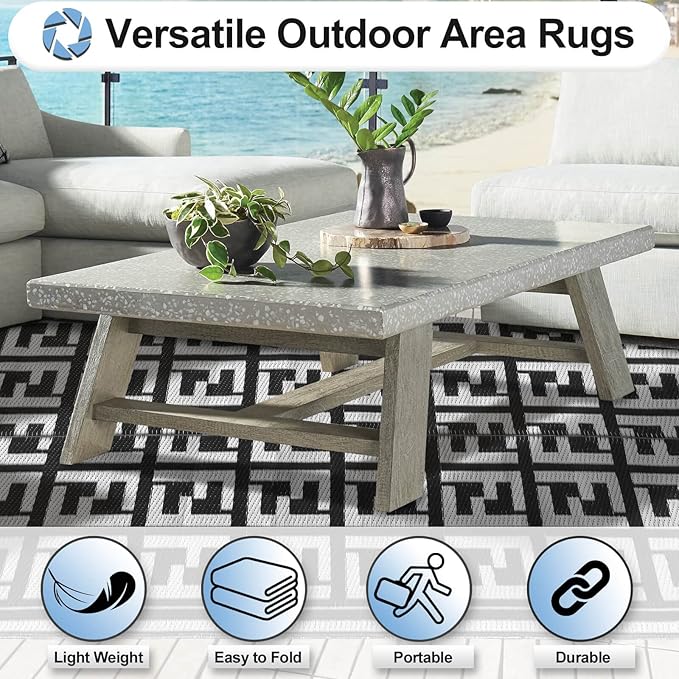 OutdoorLines Outdoor Plastic Area Rugs for Patio 4x6 ft - Reversible Outside Carpet, Stain & UV Resistant RV Mats, Straw Rug for Camping, Deck Garden, Porch and Balcony, Geometry Black & Light Grey