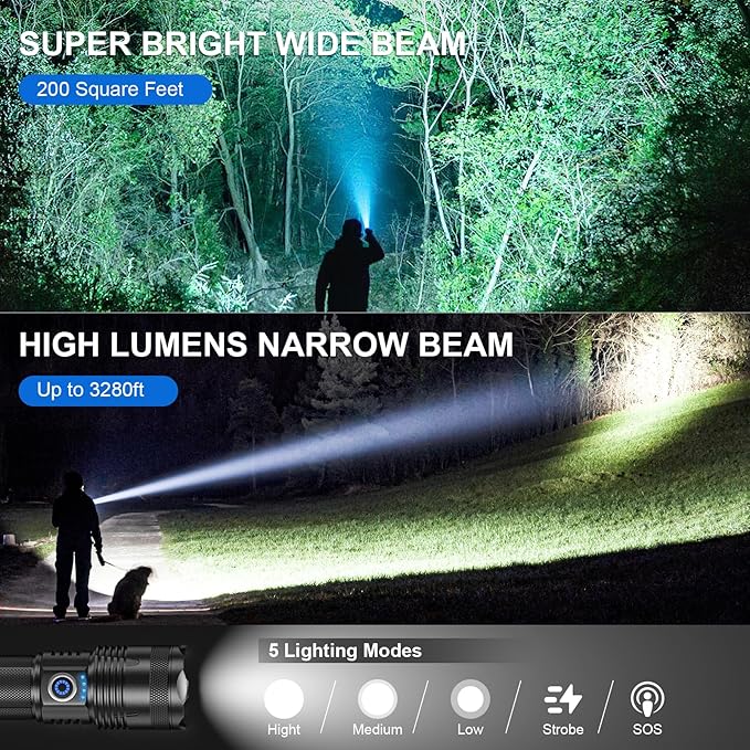 LED Rechargeable Flashlights High Lumens Flash Light, 990,000 Lumens Super Bright Powerful Tactical Flashlight, 5 Modes IPX6 Waterproof Handheld Flashlights for Camping Emergencies