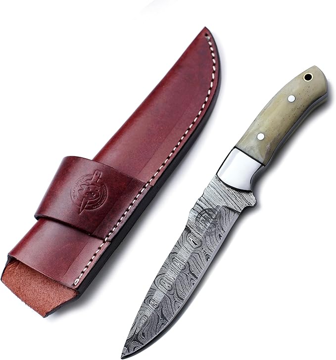 Handmade Damascus Steel Knife Bowie for Hunting,Survival,Camping,Bushcraft,Fixed Blade Dagger with Drop Point Full Tang Micarta Handle, Leather Sheath - WKD-781