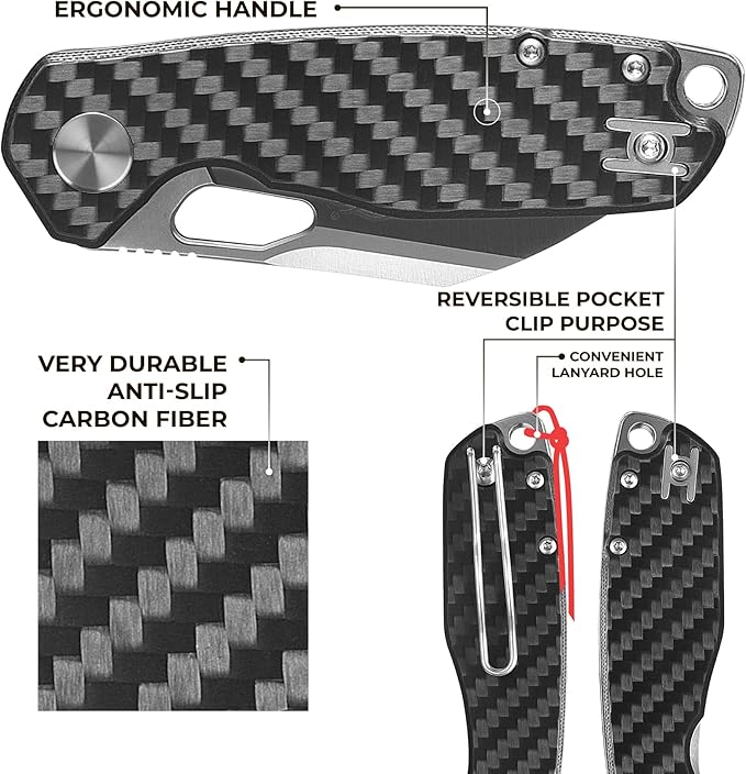 Firebird GANZO FH924-CF Ball Bearing Pocket Folding Knife Wharncliffe D2 Steel Blade G10 Anti-Slip Handle with Clip Camping Hunting Fishing Folder Outdoor EDC Pocket Knife (Carbon Fiber Black)