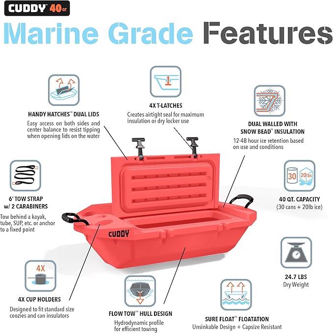 CUDDY Floating Cooler and Dry Storage Vessel for Land & Water – 40QT– Great for River, Beach, Kayak, Pool, & Lake - Multiple Color Options