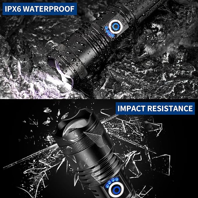 Rechargeable LED Flashlights High Lumens, 900000 Lumens Super Bright Flashlight with 5 Modes IPX6 Waterproof, Powerful Handheld Flashlight for Camping Emergencies Hiking
