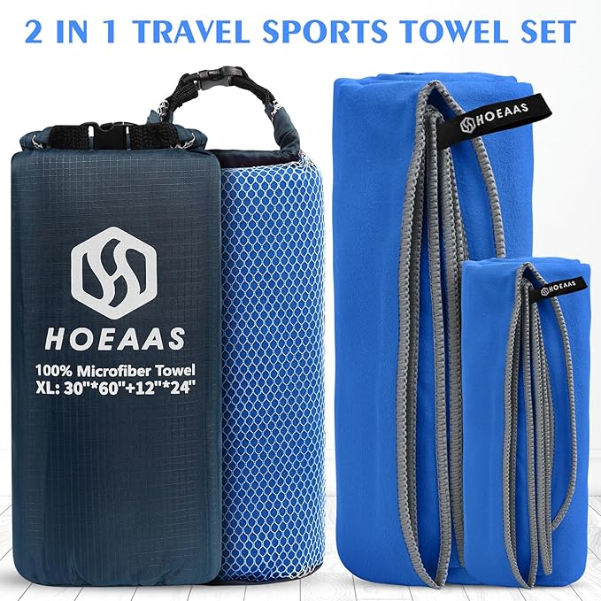 HOEAAS 2 Pack Microfiber Camping Towels, Quick Dry Towel, Super Absorbent Ultra Compact Travel Towel Soft Lightweight Sports Towel for Sweat Fast Drying Towels for Pool,Gym,Hiking,Backpacking,Fitness