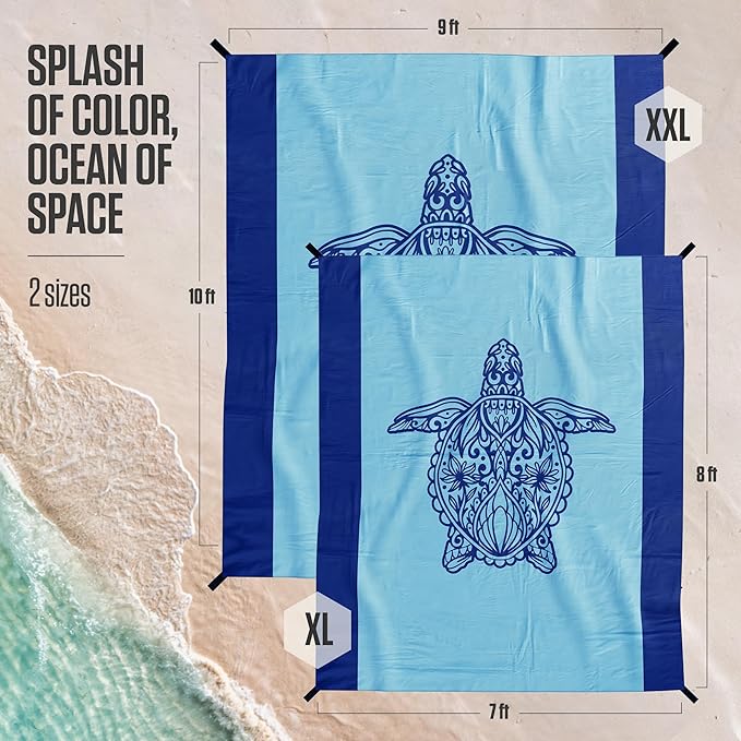 VENTURE 4TH Family-Size Beach Blanket: Sandproof, Waterproof, Lightweight & Compact. Includes Stakes and Carry Bag. 7x8 feet XL Mandala Turtle
