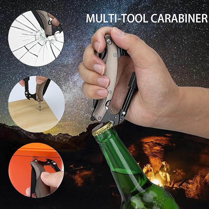Multitool Carabiner with Knife : EDC Carabiners Keychain,LED Flashlight,Glass Breaker and Bottle Opener,Tactical Carabiner Multi-Tools and Outdoor Survival Gear for men