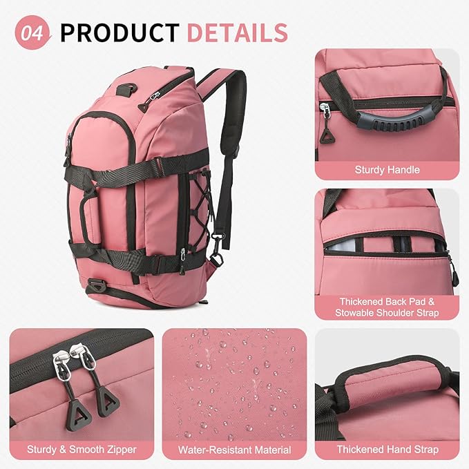 Unisex Travel Duffle Bag for Men Women, Waterproof Gym Bag with Shoe Compartment & Football Compartment, 32L Carry on Bag for Sports & Fitness, Pink