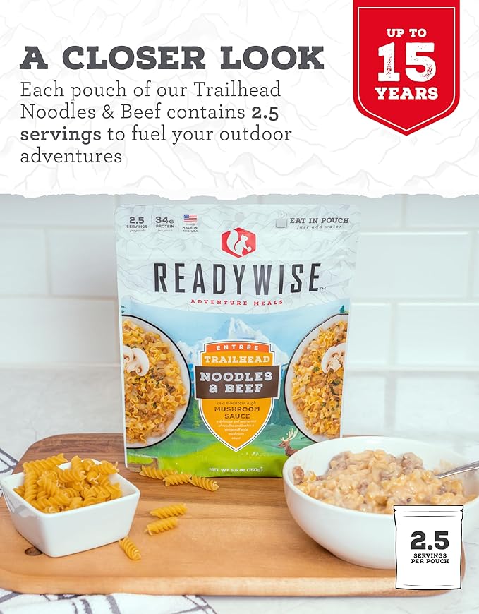READYWISE - Adventure Meal, Noodles & Beef With Mushroom Sauce, 2 Servings, Pack of 1, Emergency Preparedness, Freeze Dried Food, MRE, Snack Pack or Emergency Food, Backpacking, Camping, Hiking, and,
