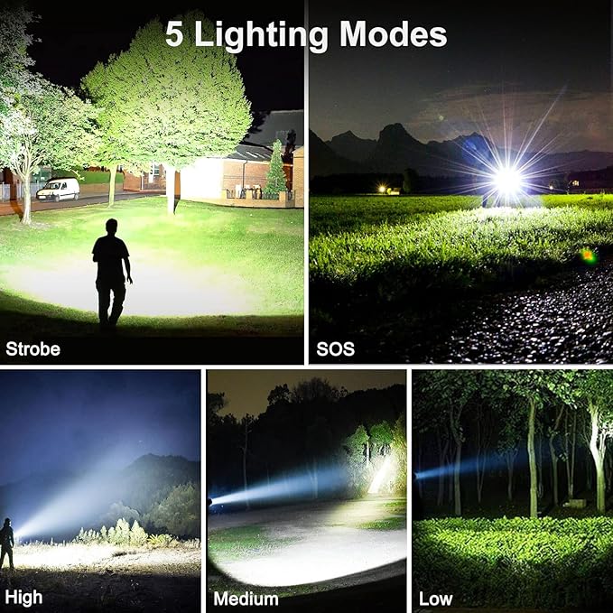 BengMxj Rechargeable LED Flashlights, 990000 High Lumens Flashlight, XHP70 Tactical Flashlight with Zoomable, 5 Modes, Super Bright Waterproof Flashlights for Emergencies, Camping, Hiking, Home