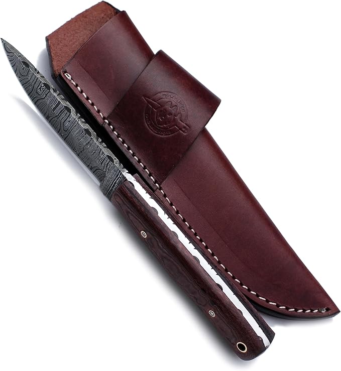 Handmade Damascus Steel Knife Bowie for Hunting,Survival,Camping,Bushcraft and Fishing, Fixed Blade with Drop Point Full Tang Micarta Handle, Leather Sheath - WKD-788