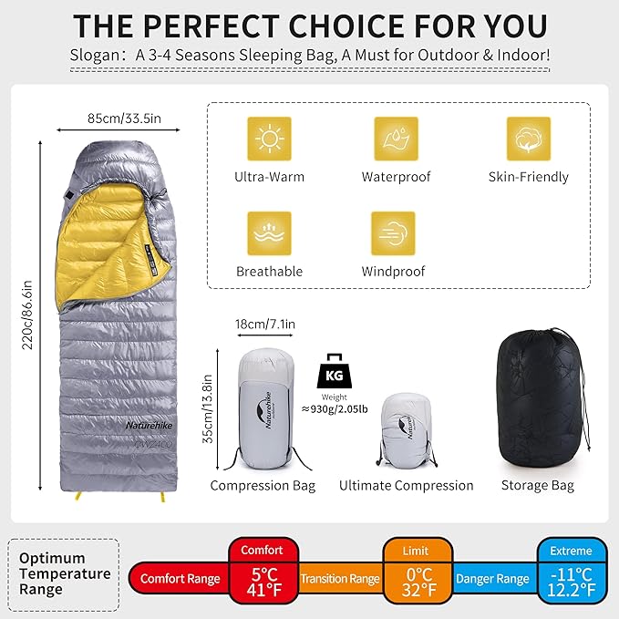 Naturehike Ultralight Down Sleeping Bag, 650FP, 3-4 Season, Adults, 32-42, Waterproof, Compact, Camping, Hiking