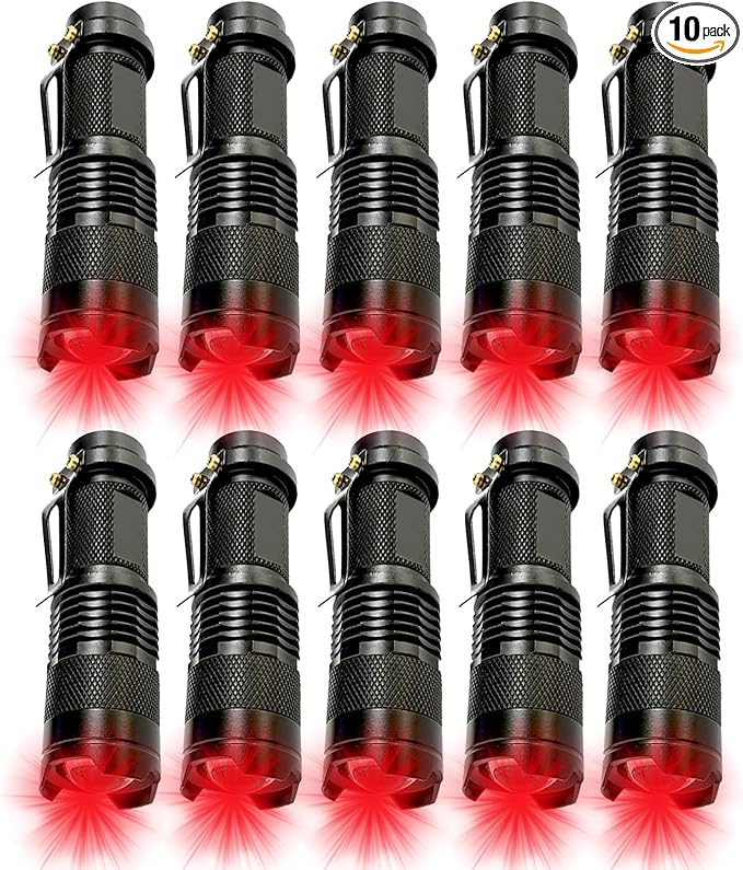 10 Pack Red Light Flashlight Single Mode Red Light Torch with Clip Zoomable Red Flashlight for Hunting Astronomy Aviation Night Observation