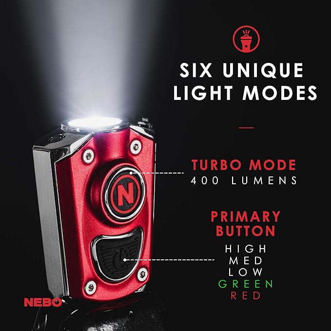 NEBO Torchy 1,000-Lumen Pocket Flashlight, LED Rechargeable Flashlight for EDC & MYCRO USB Rechargeable LED Keychain Light, Tactical Keyring Flashlight Features 6 Light Modes High Lumens –Red