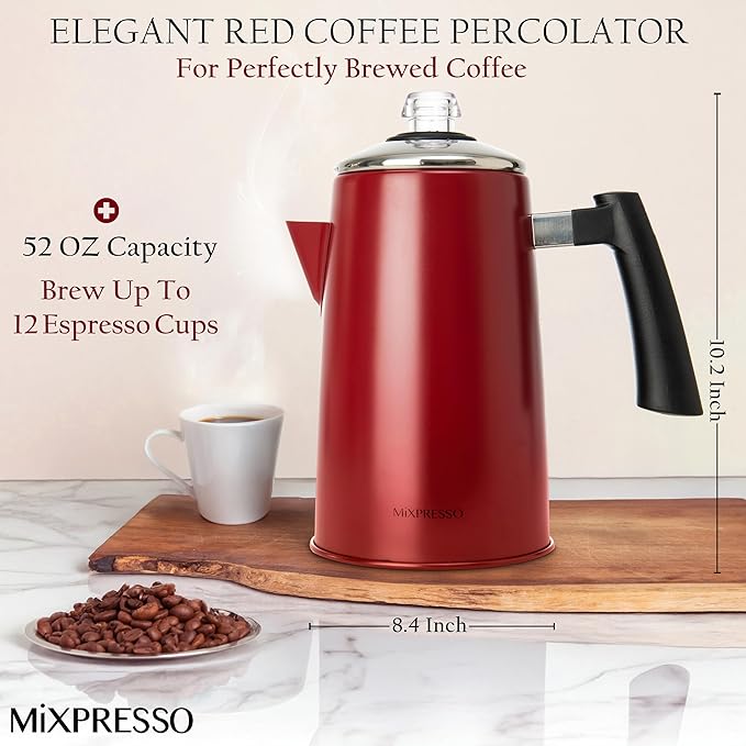Mixpresso Red Stainless Steel Stovetop Coffee Percolator, 52 oz Classic Percolator Coffee Pot, Excellent As Camping Pot, 12 Cup Stainless Steel Camping Coffee Makers, Cool-Touch Handle.