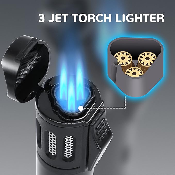 2 Pack Torch Lighter Triple 3 Jet Flame Refillable Butane Lighter Windproof Adjustable Portable Lighter for BBQ Candle Camping Men Women Gift (Butane Not Included) Black