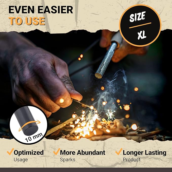 Fire Starter Survival Tool - 3/8" Thick Flint and Steel Ferro Rod - Survival Kit Fire Steel with Fat Wood Tinder Stick & Multi-Tool Striker - for Camping, Emergency, Bushcraft, Outdoor