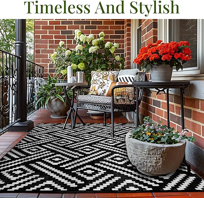 OPPODREAM Outdoor Rug 8x10 Patio Waterproof, Large Outdoor Plastic Straw Rug, Reversible Out Door Carpet for Camping, Deck, Rv, 8 x 10 Area Carpet for Balcony, Porch, Backyard, Black and White