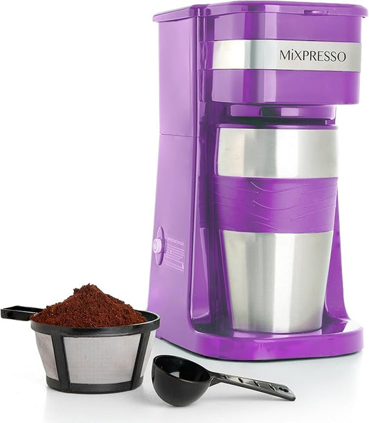 Mixpresso Personal Single-Serve Coffee Maker & 14oz Travel Mug, Drip Coffee Brewer & Tumbler, Auto Shut Off & Reusable Filter, Purple Coffee Maker Compatible with Coffee Grounds