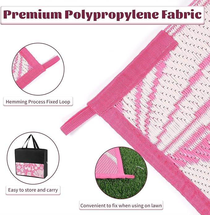 Ileading Outdoor Plastic Straw Rug 6x9ft Funny Floral Style Reversible Patio Area Rugs Waterproof Non Shedding Portable Carpets for Rv Outside Deck Pool Beach Picnic Camping (Pink)