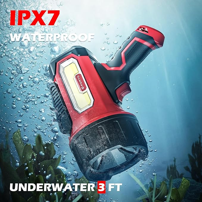 FORTO Rechargeable Spotlight Flashlight with 2000 Lumens, Handheld Spotlight with Foldable Stand, 6 Light Modes IPX7 Waterproof LED Spot Lights Outdoor for Boating Hunting Camping Hiking(Red)