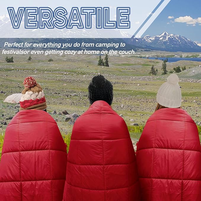 Outdoor Puffy Camping Blanket, Lightweight Down Alternative Puffy Printed Camping Large Ultra Warm Hammock Top Quilt Waterproof Blanket for Traveling Picnic Beach Party Cold Weather (Red)
