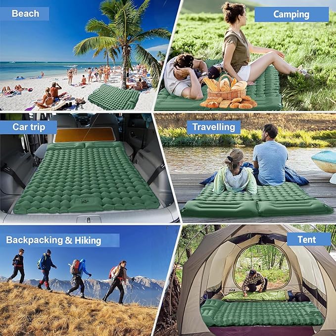 Double Sleeping Pad for Camping, Ultralight Camping Mattress with Pillow, Built-in Foot Pump, Thick Self-Inflatable 2-Person Portable Camping Mat for Backpacking Hiking Car Traveling Beach Tent