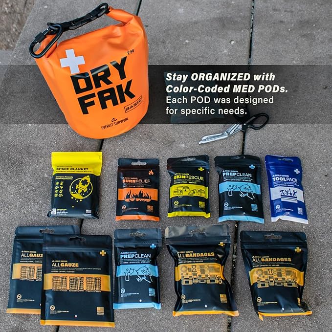 EVERLIT 290 Pc Waterproof First Aid Kit Dry FAK Medical Kit Emergency Survival Kit for Boat, Backpacking, Hiking, Fishing, Travel, Kayaking (Orange)