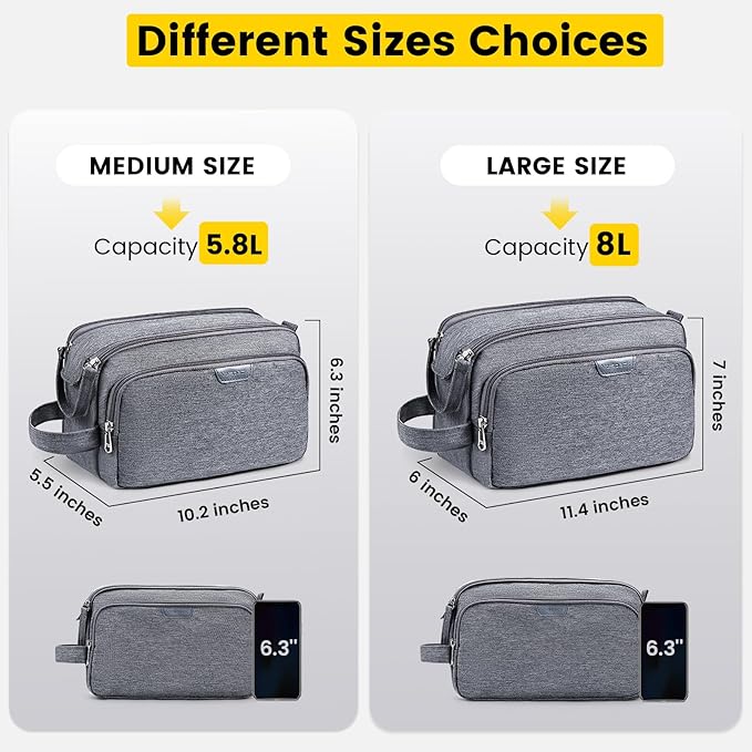 Vorspack Travel Toiletry Bag for Men - Water Resistant Mens Toiletry Travel Bag Dopp Kit Shaving Bag for Bathroom Toiletries Gifts - Grey