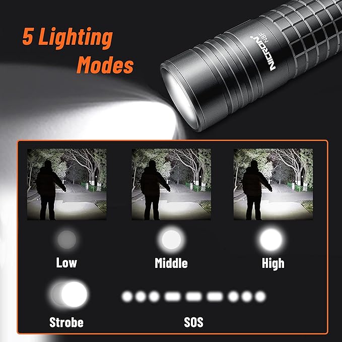 NICRON 800 Lumen N8F Flashlight with 5 Modes,Zoomable LED Flashlight with Rechargeable Battery and Micro-USB,IP65 Waterproof and Dustproof,Suitable for Camping,Hiking,Fishing, Jogging,Outdoors