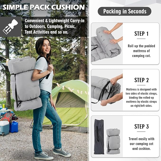 Folding Camping Cot 28inch w/Mattress, Heavy Duty Portable Sleeping Cot with Carry Bag, Double Layer Oxford Travel Camp Cots for Outdoors & Indoors, Suit for Adults Kids,Grey