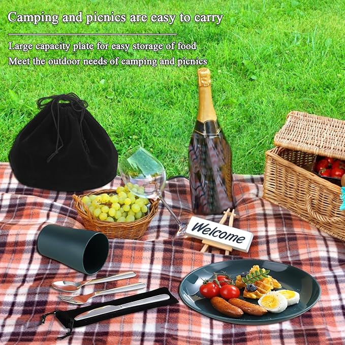 Camping Utensils Mess Kit, Including Camping Spoon, Fork, Knife, Plate and Cup Packed in a Portable Bag, Easy to Carry, Dishwasher Safe