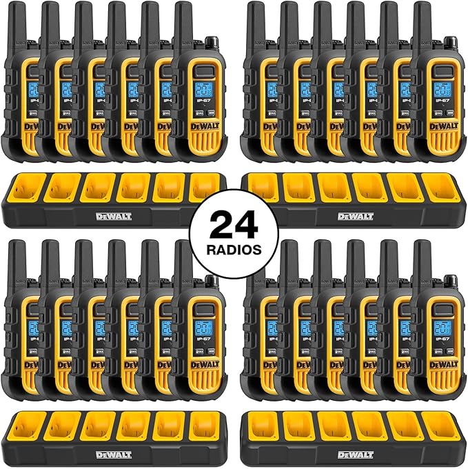 DEWALT DXFRS300 1 Watt Heavy Duty Walkie Talkies - Waterproof, Shock Resistant, Long Range & Rechargeable Two-Way Radio with VOX (24 Pack w/ 4X Gang Chargers) (4DXFRS300-BCH6)