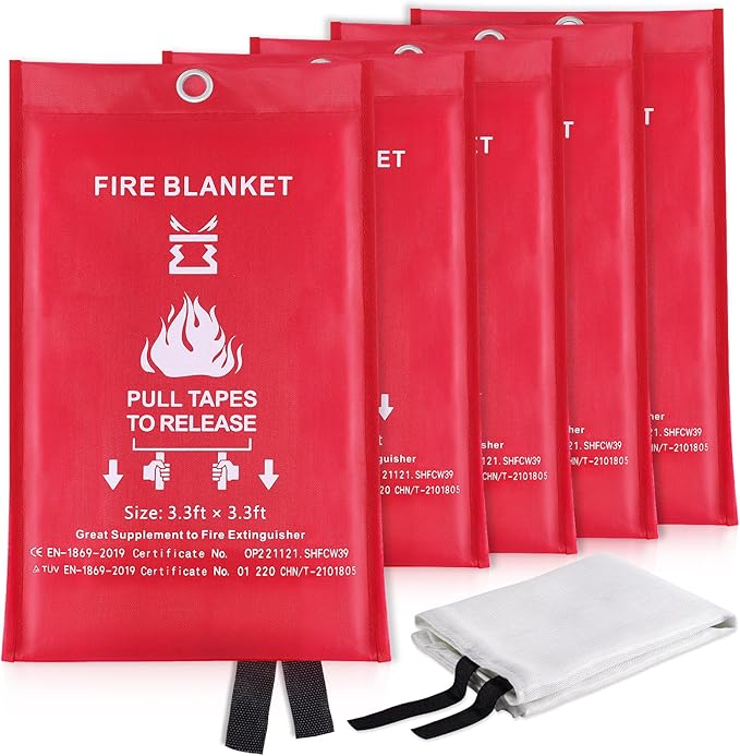 Fire Blankets for Home and Kitchen Emergency Safety – 5 pack 3ft x 3ft Fiberglass Fire Suppression Blanket Suspend Flames Retardant for Cooking Stove Grill Car Garage Office RV Warehouse (5 Pcs)