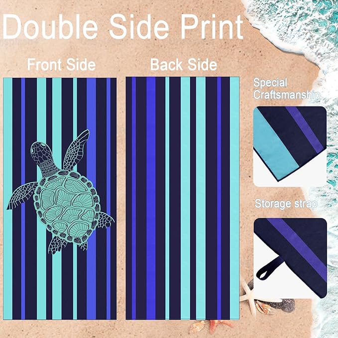 Bnuitland Turtle Pattern Beach Towel (35X75 inches), Oversized Quick Drying Absorbent Sand Free, Cute Towels for Travel Swimming Pool Picnic, 88% Polyester and 12% Polyamide,Blue