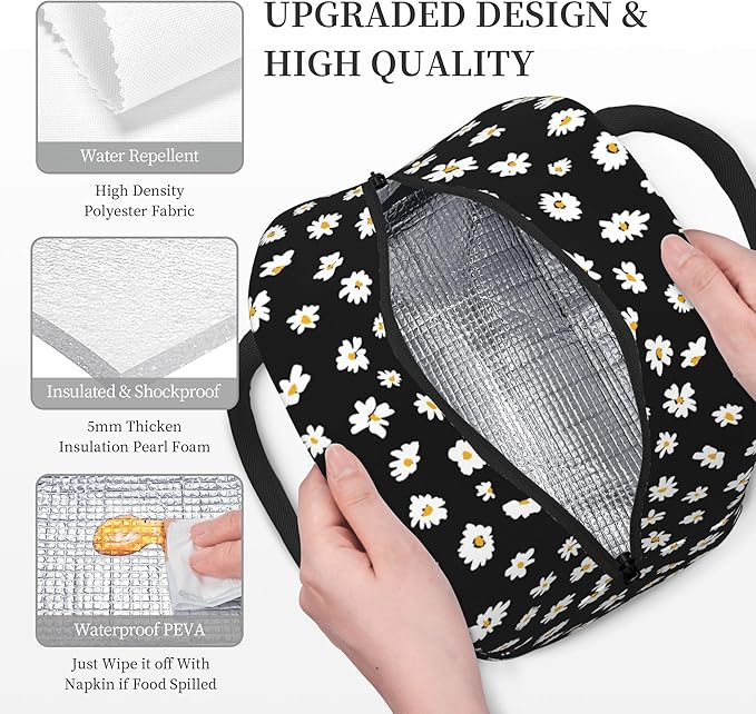 Daisy Lunch Bag Lunch Box for Women Men Boys Girls, Reusable Insulated Lunch Tote Bag, Leakproof Thermal Cooler Sack Food Handbags High Capacity for Work School Picnic Camping Gifts