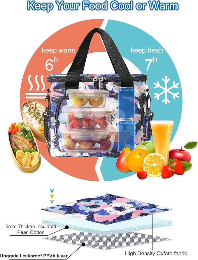 Femuar Lunch Bags for Women/Men, Insulated Lunch Bag for Work Office - Lunch Cooler Bag Leakproof Lunch Box with Adjustable Shoulder Strap - Ink foral