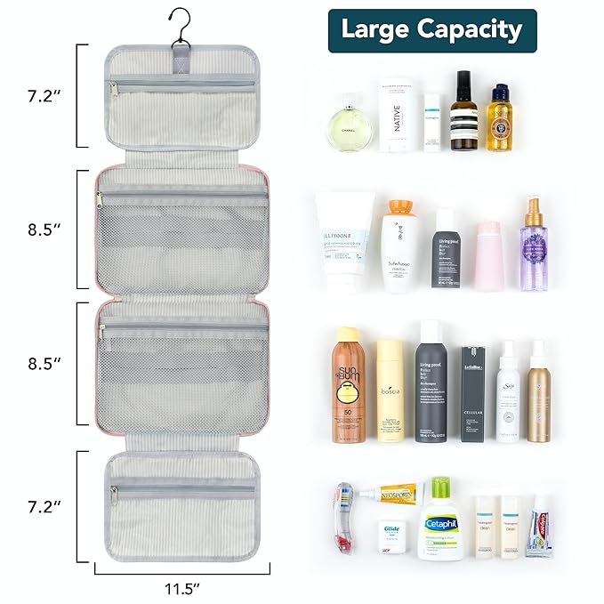 PAVILIA Hanging Toiletry Bag Travel Bag Women Men, Foldable Cosmetic Organizer, Roll up Makeup Bag, Water Resistant Accessories Toiletries, Large Travel Essentials Kit (Purple Floral)