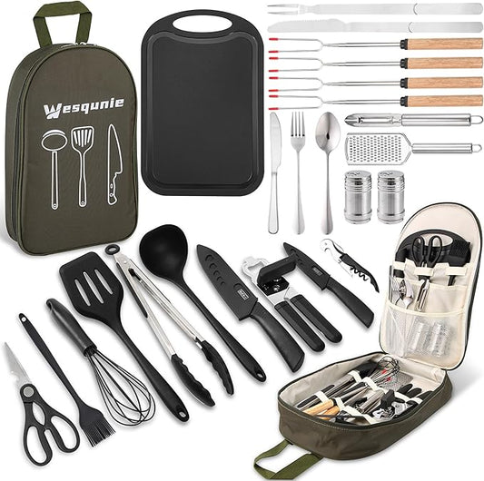 Camping Cooking Essentials Utensils Set - Camp Cookware Kitchen Accessories Kit, Camper Gear Must Haves, Stainless Steel & Silicone, RV Car Portable Outdoor Equipment Tool
