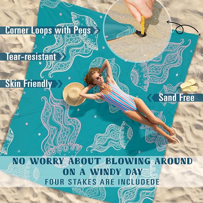 Beach Blanket Sandproof Waterproof 78''×81''1-5 Adults Oversized,Compact Lightweight Durable Beach Mat for Travel Camping Hiking Picnic Blanket