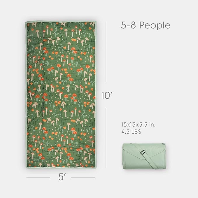 Little Unicorn Outdoor Family Picnic & Beach Blanket, Water-Resistant, Compact Fold, XL Size, 5 x 10 feet, (Woodland Mushrooms)