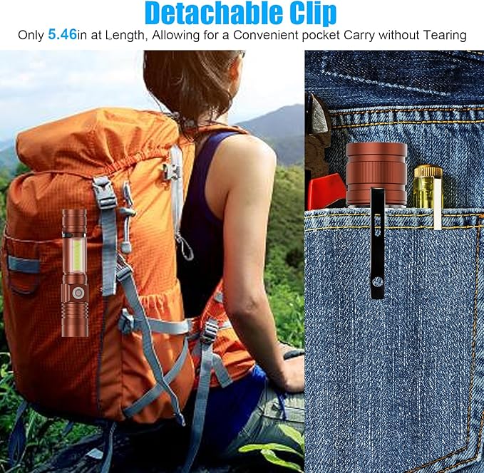 Flashlight USB Rechargeable, Magnetic LED Flashlight, Super Bright LED Tactical Flashlight with Cob Sidelight, 2000LM, Waterproof, Zoomable Best Small LED Flashlight for Camping, Emergency - Brwon