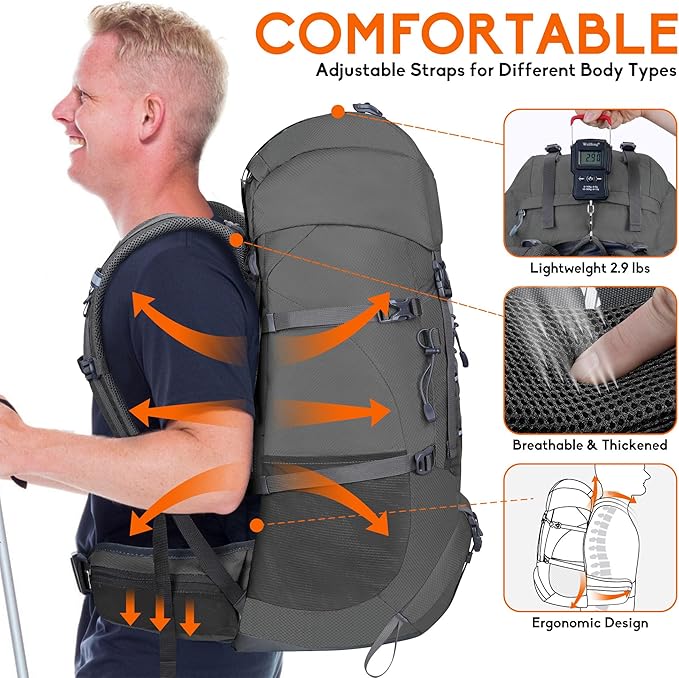 N NEVO RHINO Waterproof Hiking Backpack 50L/60L, Camping Backpack with Rain Cover, Hiking Travel Mountaineering Backpack