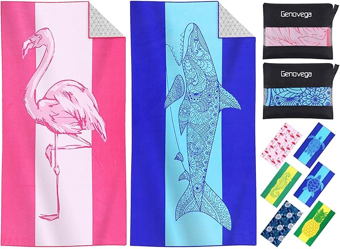 2 Packs Microfiber Oversized Lightweight Thin Beach Towel Compact Sandproof Quick Dry Clearance Towels Extra Large Sand Free Pool Travel Essentials Accessories Women Men Adults Gifts Shark Flamingo