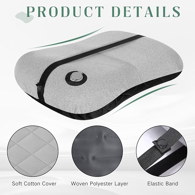 2 Pack Camping Pillow Inflatable Travel Pillow with Removable Cover Backpacking Pillow Blow up Pillow Neck Air Pillow Compressible for Lumbar Support, Travel, Hiking, Black and Grey