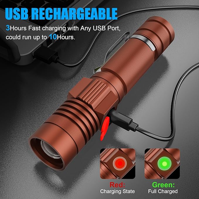 Flashlight USB Rechargeable, Magnetic LED Flashlight, Super Bright LED Tactical Flashlight with Cob Sidelight, 2000LM, Waterproof, Zoomable Best Small LED Flashlight for Camping, Emergency - Brwon