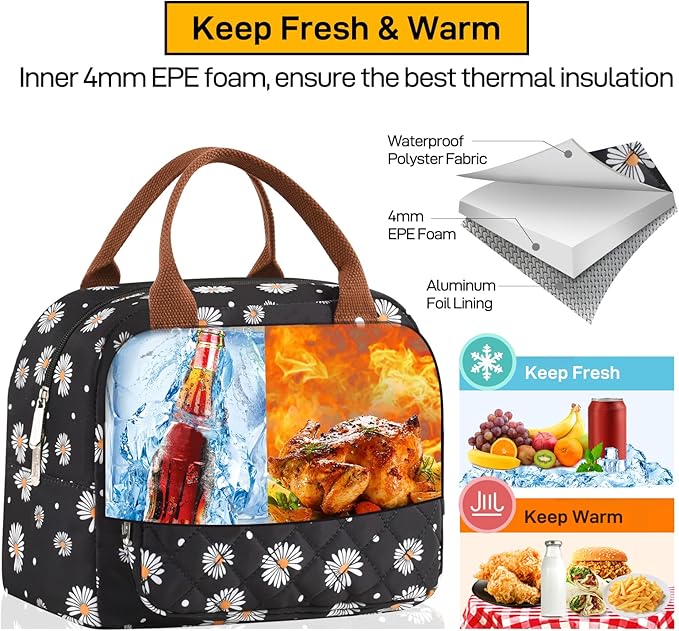 Buringer HOMESPON Lunch Bag for Woman Man Adults with Front Pocket Insulated Lunch Tote Lunch Box Container for Work Picnic or Travel(Daisy)